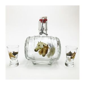 Sada 1x sklenená fľaša v tvare suda a 2x pohár na panáky číra s motívom koňa